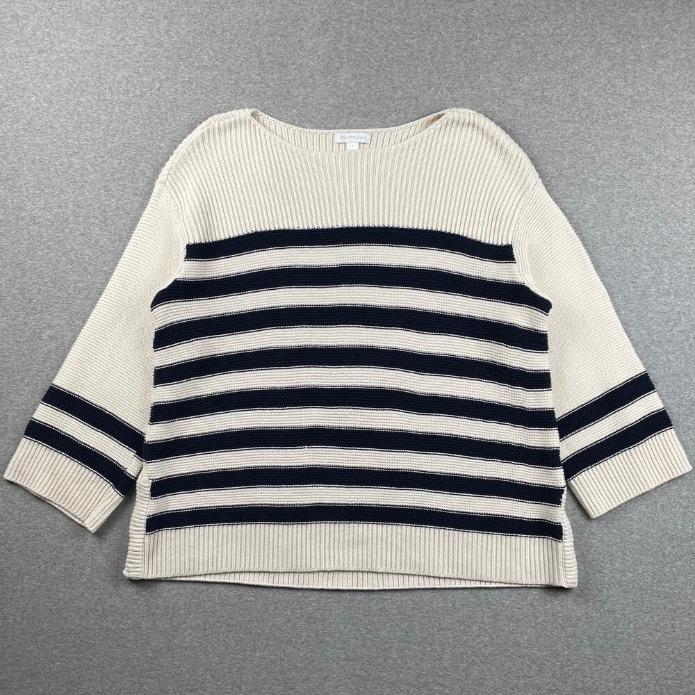 Charter Club Boatneck Striped Sweater Womens L Cream Navy Blue Boxy Pullover